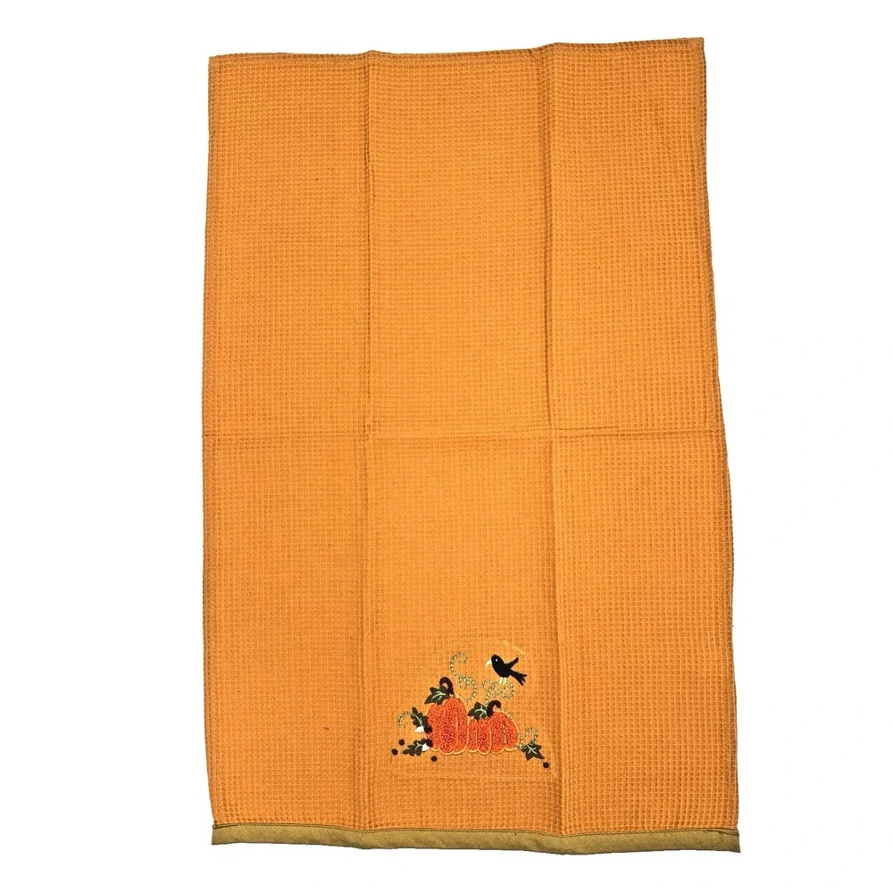 Kitchen Towels Orange & Brown - Crewel Embroidery of Pumpkins &Turkey Lot of 2